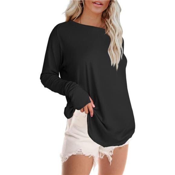 Women's Oversized Long Sleeve Shirt – Casual Crewneck Tunic with Thumb Holes - Picture 3 of 5